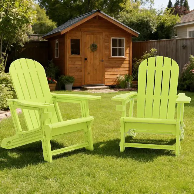Alt view image 3 of 7 - Adirondack Chairs Set of 2 with Removable Tabletop, Outdoor HDPE Plastic Fire Pit Chair Set with Wooden Textured, Cup Holder for Patio, Poolside, Deck, Garden, Green, 3 Pieces