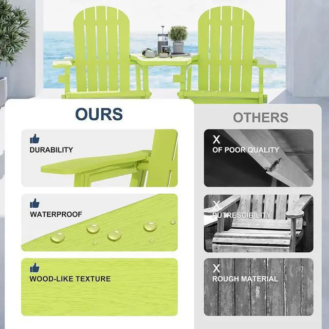 Alt view image 5 of 7 - Adirondack Chairs Set of 2 with Removable Tabletop, Outdoor HDPE Plastic Fire Pit Chair Set with Wooden Textured, Cup Holder for Patio, Poolside, Deck, Garden, Green, 3 Pieces