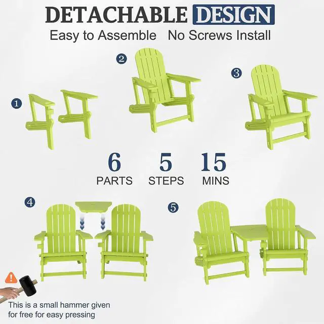 Alt view image 6 of 7 - Adirondack Chairs Set of 2 with Removable Tabletop, Outdoor HDPE Plastic Fire Pit Chair Set with Wooden Textured, Cup Holder for Patio, Poolside, Deck, Garden, Green, 3 Pieces