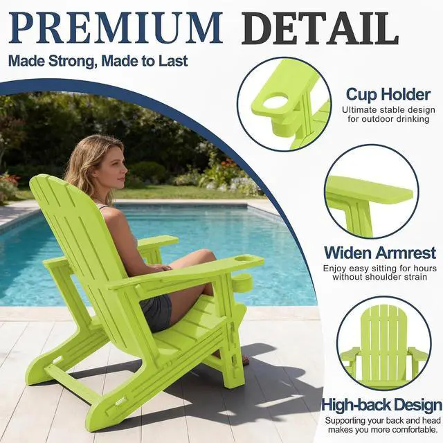 Alt view image 4 of 7 - Adirondack Chairs Set of 2 with Removable Tabletop, Outdoor HDPE Plastic Fire Pit Chair Set with Wooden Textured, Cup Holder for Patio, Poolside, Deck, Garden, Green, 3 Pieces