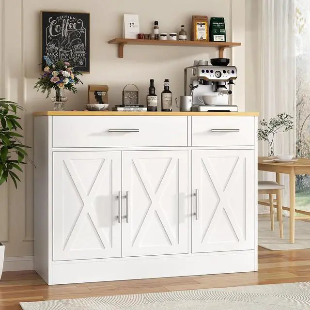 Main image of 43 Coffee Bar Cabinet, Farmhouse Buffet Cabinet with Storage, Sideboard Buffet with Drawers and Shelves for Kitchen, White
