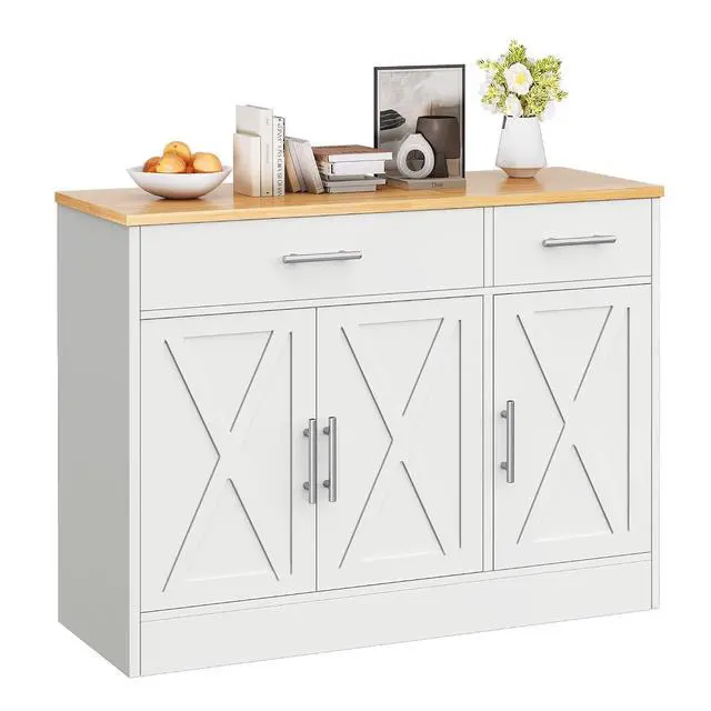 Alt view image 7 of 7 - 43 Coffee Bar Cabinet, Farmhouse Buffet Cabinet with Storage, Sideboard Buffet with Drawers and Shelves for Kitchen, White