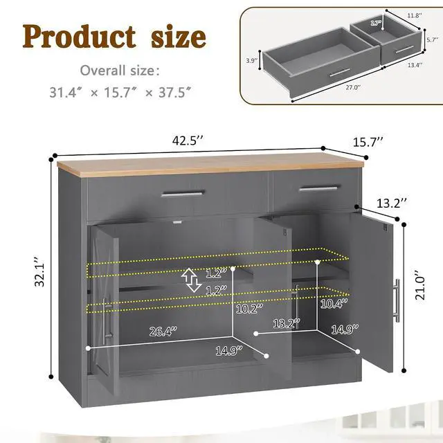 Alt view image 2 of 7 - Sideboard Buffet Cabinet with Storage, 43 Farmhouse Coffee Bar Storage Cabinet with Drawers and Shelves, Modern Buffet Table for Kitchen, Dining Room, Grey