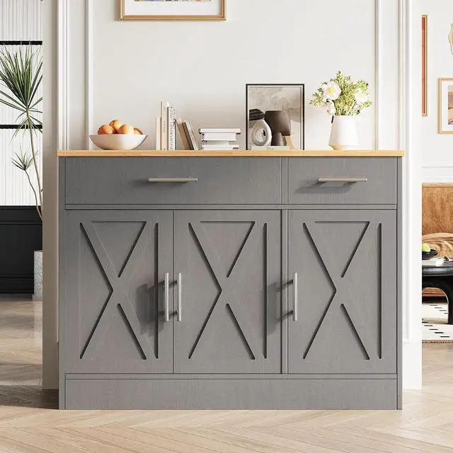 Main image of Sideboard Buffet Cabinet with Storage, 43 Farmhouse Coffee Bar Storage Cabinet with Drawers and Shelves, Modern Buffet Table for Kitchen, Dining Room, Grey