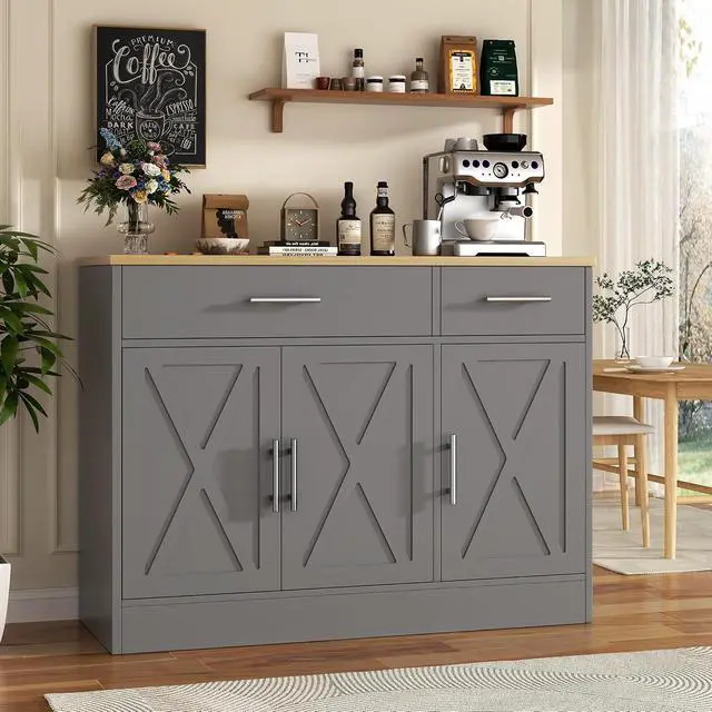 Alt view image 3 of 7 - Sideboard Buffet Cabinet with Storage, 43 Farmhouse Coffee Bar Storage Cabinet with Drawers and Shelves, Modern Buffet Table for Kitchen, Dining Room, Grey