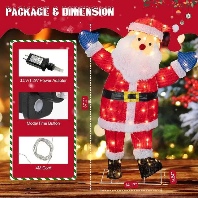 Alt view image 3 of 7 - 3FT Lighted Christmas Santa, Outdoor Pre-lit 3D Santa Claus Decor, Outdoor Indoor Christmas Holiday Decoration w/ 80 LED Lights for Lawn Yard Garden