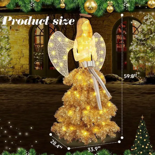 Alt view image 3 of 7 - 5 FT Christmas Angel Outdoor Lighted Holiday Displays, Pre-lit 3D Outdoor/Indoor Glittered Angel with 100 Warm Lights, Bow, Zip Ties, Stakes for Birthday Party Decoration