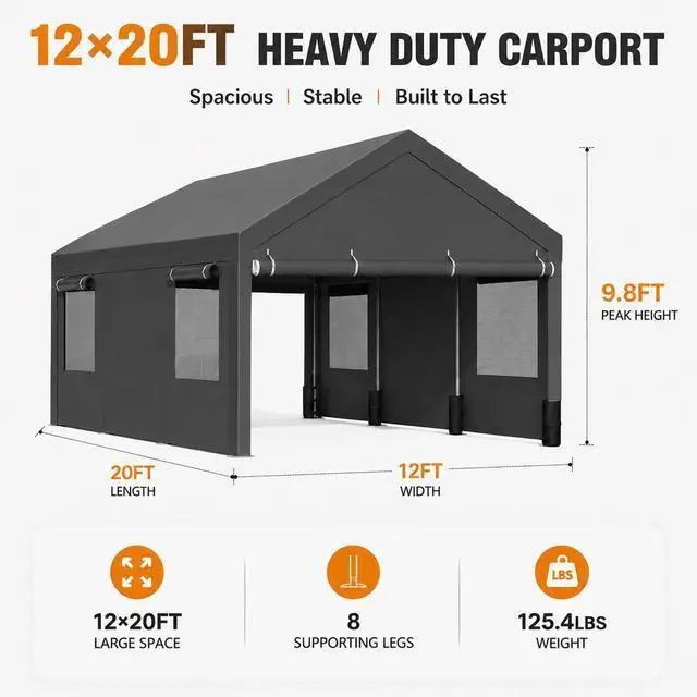Alt view image 2 of 7 - 12x20 FT Heavy Duty Carport Canopy, All-Weather Portable Garage & Vehicle Shelter for SUV, Truck, Boat, Outside Car Tent with Roll-up Ventilation Windows and Removable Sidewalls, Grey