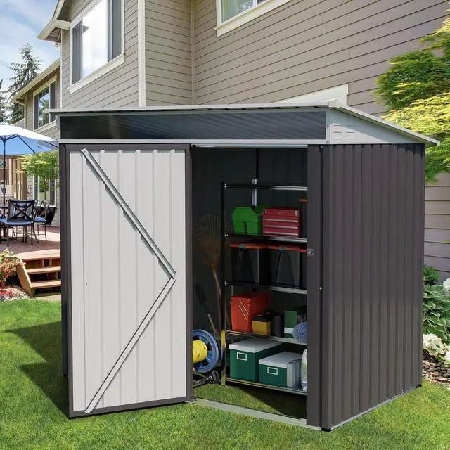 Alt view image 2 of 7 - Outdoor Storage Shed, 6 x 4 FT Outside Metal Garden Shed with Window and Lockable Door, Waterproof Tool Shed for Backyard Patio, Lawn and Garden (Dark Gray)
