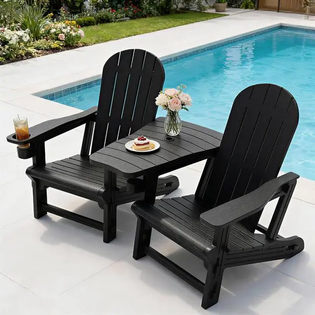 Main image of Adirondack Chairs Set of 2 with Removable Tabletop, Outdoor HDPE Plastic Fire Pit Chair Set with Wooden Textured, Cup Holder for Patio, Poolside, Deck, Garden, Black, 3 Pieces
