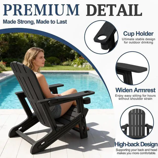 Alt view image 4 of 7 - Adirondack Chairs Set of 2 with Removable Tabletop, Outdoor HDPE Plastic Fire Pit Chair Set with Wooden Textured, Cup Holder for Patio, Poolside, Deck, Garden, Black, 3 Pieces