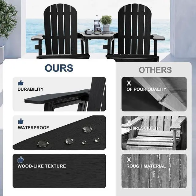 Alt view image 5 of 7 - Adirondack Chairs Set of 2 with Removable Tabletop, Outdoor HDPE Plastic Fire Pit Chair Set with Wooden Textured, Cup Holder for Patio, Poolside, Deck, Garden, Black, 3 Pieces