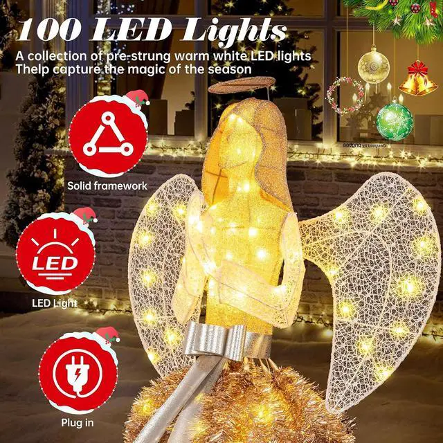 Alt view image 4 of 7 - 5 FT Christmas Angel Outdoor Lighted Holiday Displays, Pre-lit 3D Outdoor/Indoor Glittered Angel with 100 Warm Lights, Bow, Zip Ties, Stakes for Birthday Party Decoration