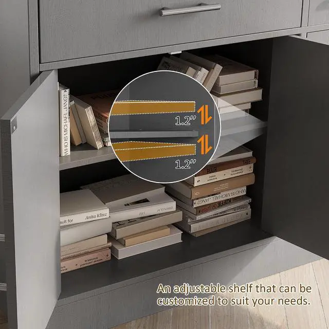 Alt view image 4 of 7 - Sideboard Buffet Cabinet with Storage, 43 Farmhouse Coffee Bar Storage Cabinet with Drawers and Shelves, Modern Buffet Table for Kitchen, Dining Room, Grey