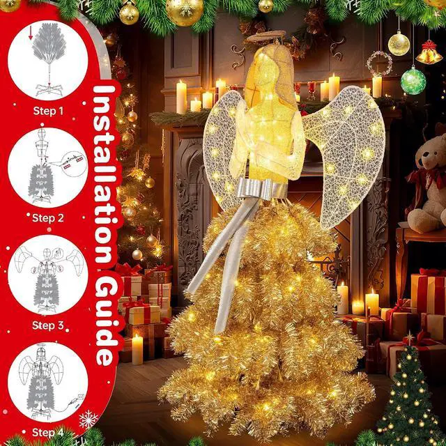 Alt view image 5 of 7 - 5 FT Christmas Angel Outdoor Lighted Holiday Displays, Pre-lit 3D Outdoor/Indoor Glittered Angel with 100 Warm Lights, Bow, Zip Ties, Stakes for Birthday Party Decoration