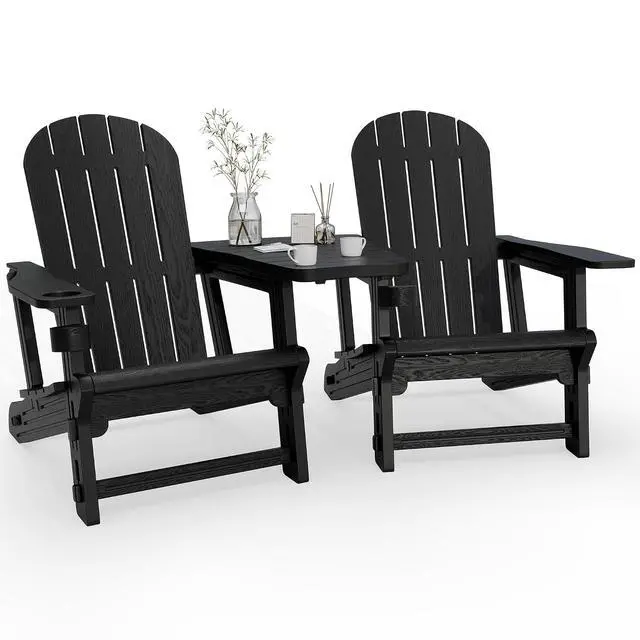Alt view image 7 of 7 - Adirondack Chairs Set of 2 with Removable Tabletop, Outdoor HDPE Plastic Fire Pit Chair Set with Wooden Textured, Cup Holder for Patio, Poolside, Deck, Garden, Black, 3 Pieces