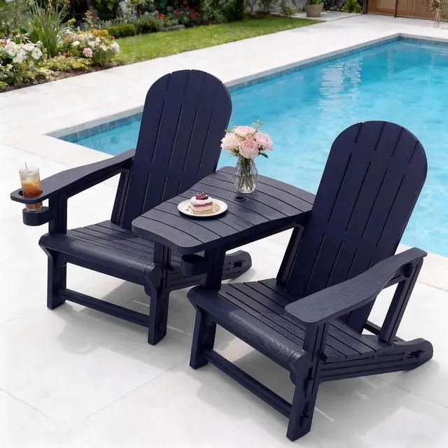 Main image of Adirondack Chairs Set of 2 with Removable Tabletop, Outdoor HDPE Plastic Fire Pit Chair Set with Wooden Textured, Cup Holder for Patio, Poolside, Deck, Garden, Dark Blue, 3 Pieces