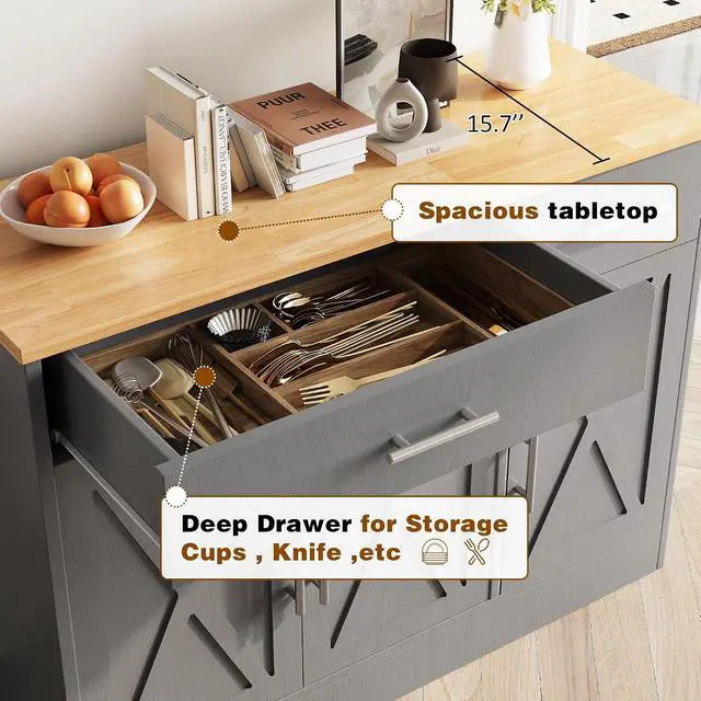 Alt view image 5 of 7 - Sideboard Buffet Cabinet with Storage, 43 Farmhouse Coffee Bar Storage Cabinet with Drawers and Shelves, Modern Buffet Table for Kitchen, Dining Room, Grey