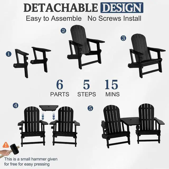Alt view image 6 of 7 - Adirondack Chairs Set of 2 with Removable Tabletop, Outdoor HDPE Plastic Fire Pit Chair Set with Wooden Textured, Cup Holder for Patio, Poolside, Deck, Garden, Black, 3 Pieces