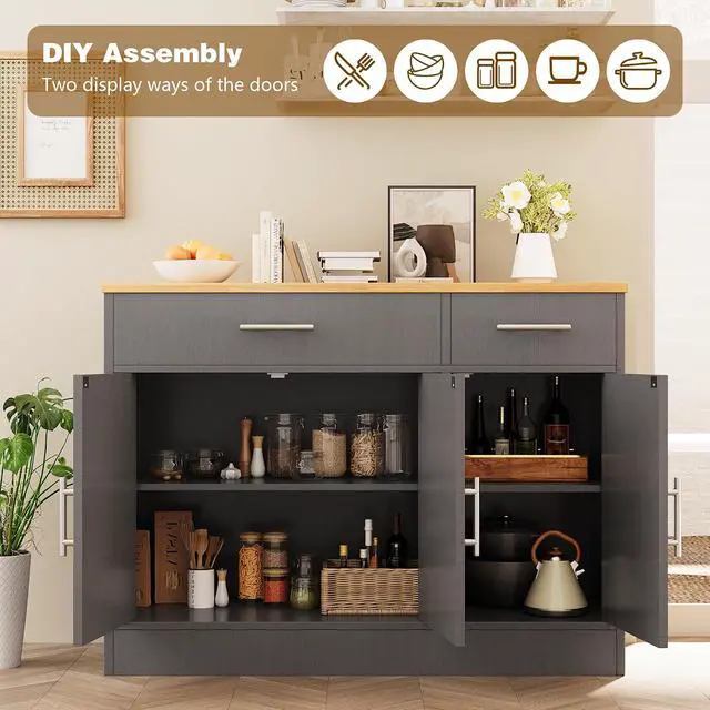 Alt view image 6 of 7 - Sideboard Buffet Cabinet with Storage, 43 Farmhouse Coffee Bar Storage Cabinet with Drawers and Shelves, Modern Buffet Table for Kitchen, Dining Room, Grey