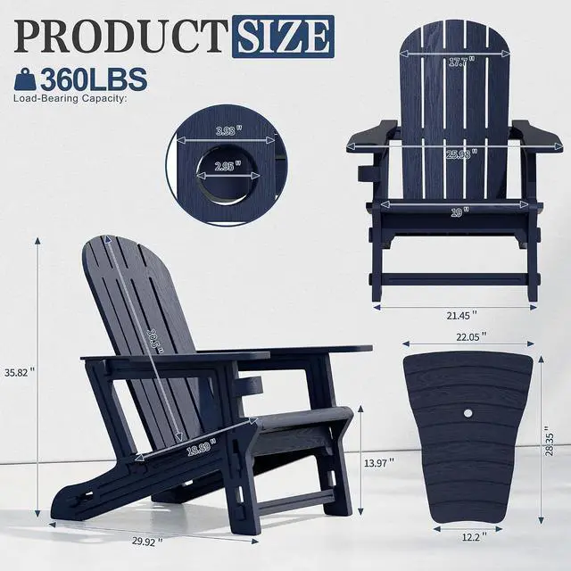 Alt view image 2 of 7 - Adirondack Chairs Set of 2 with Removable Tabletop, Outdoor HDPE Plastic Fire Pit Chair Set with Wooden Textured, Cup Holder for Patio, Poolside, Deck, Garden, Dark Blue, 3 Pieces