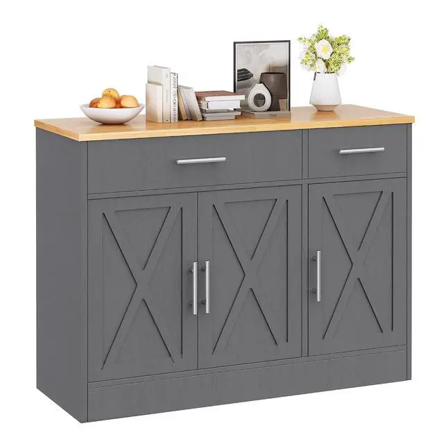 Alt view image 7 of 7 - Sideboard Buffet Cabinet with Storage, 43 Farmhouse Coffee Bar Storage Cabinet with Drawers and Shelves, Modern Buffet Table for Kitchen, Dining Room, Grey