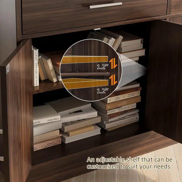 Alt view image 4 of 7 - Sideboard Buffet Cabinet with Storage, 43 Farmhouse Coffee Bar Storage Cabinet with Drawers and Shelves, Modern Buffet Table for Kitchen, Dining Room, Rustic Brown
