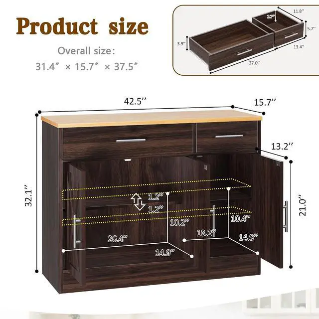 Alt view image 2 of 7 - Sideboard Buffet Cabinet with Storage, 43 Farmhouse Coffee Bar Storage Cabinet with Drawers and Shelves, Modern Buffet Table for Kitchen, Dining Room, Rustic Brown