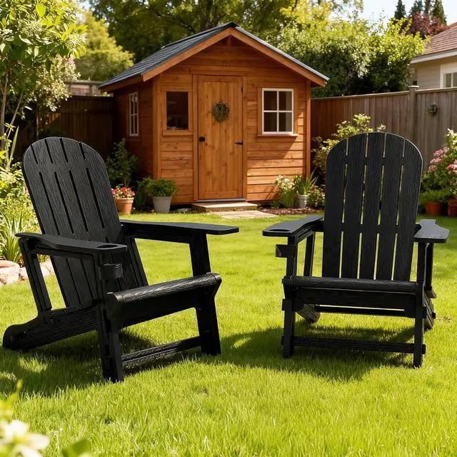 Alt view image 3 of 7 - Adirondack Chairs Set of 2 with Removable Tabletop, Outdoor HDPE Plastic Fire Pit Chair Set with Wooden Textured, Cup Holder for Patio, Poolside, Deck, Garden, Black, 3 Pieces