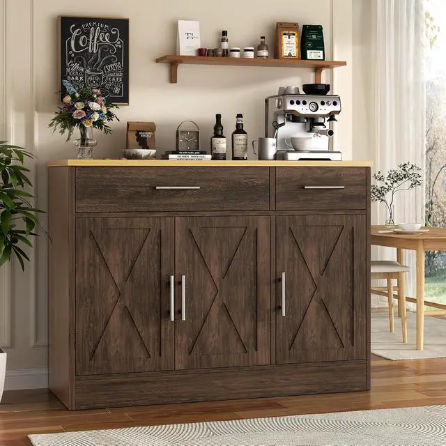 Alt view image 3 of 7 - Sideboard Buffet Cabinet with Storage, 43 Farmhouse Coffee Bar Storage Cabinet with Drawers and Shelves, Modern Buffet Table for Kitchen, Dining Room, Rustic Brown