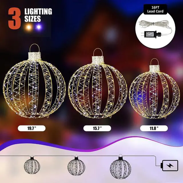 Alt view image 3 of 7 - Large Christmas Light Ball (3 Pack), Outdoor Lighted Sphere Ball, Waterproof Hanging Sphere, Outside Christmas Decor for Tree, Patio, Lawn