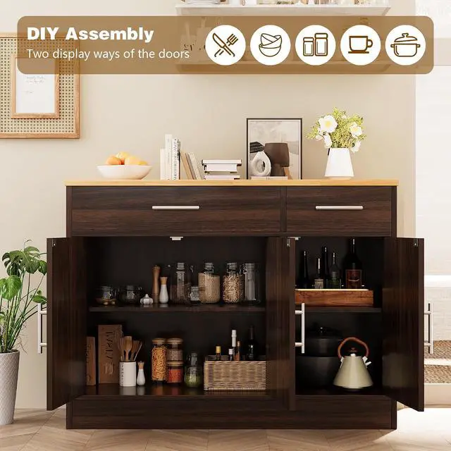 Alt view image 6 of 7 - Sideboard Buffet Cabinet with Storage, 43 Farmhouse Coffee Bar Storage Cabinet with Drawers and Shelves, Modern Buffet Table for Kitchen, Dining Room, Rustic Brown