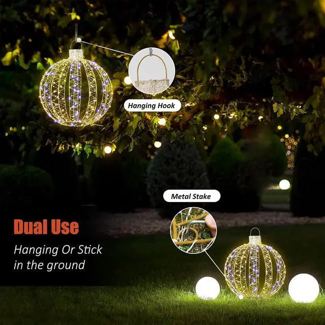 Alt view image 5 of 7 - Large Christmas Light Ball (3 Pack), Outdoor Lighted Sphere Ball, Waterproof Hanging Sphere, Outside Christmas Decor for Tree, Patio, Lawn