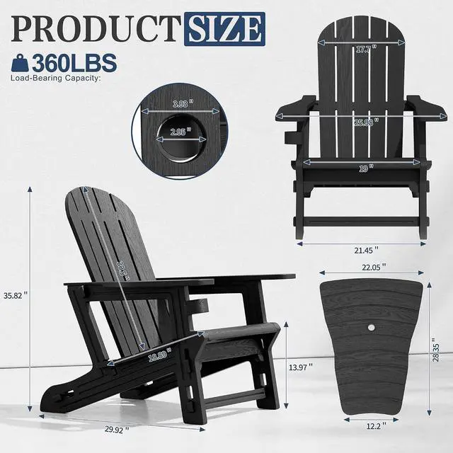Alt view image 2 of 7 - Adirondack Chairs Set of 2 with Removable Tabletop, Outdoor HDPE Plastic Fire Pit Chair Set with Wooden Textured, Cup Holder for Patio, Poolside, Deck, Garden, Black, 3 Pieces