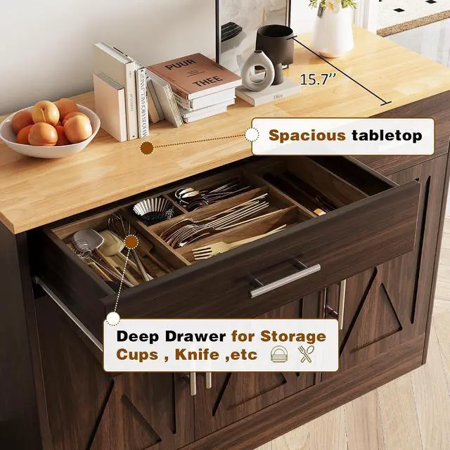 Alt view image 5 of 7 - Sideboard Buffet Cabinet with Storage, 43 Farmhouse Coffee Bar Storage Cabinet with Drawers and Shelves, Modern Buffet Table for Kitchen, Dining Room, Rustic Brown