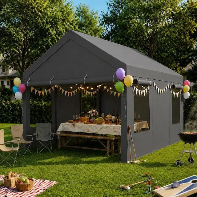 Alt view image 3 of 7 - 12x20 FT Heavy Duty Carport Canopy, All-Weather Portable Garage & Vehicle Shelter for SUV, Truck, Boat, Outside Car Tent with Roll-up Ventilation Windows and Removable Sidewalls, Grey