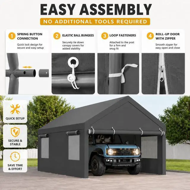 Alt view image 7 of 7 - 12x20 FT Heavy Duty Carport Canopy, All-Weather Portable Garage & Vehicle Shelter for SUV, Truck, Boat, Outside Car Tent with Roll-up Ventilation Windows and Removable Sidewalls, Grey