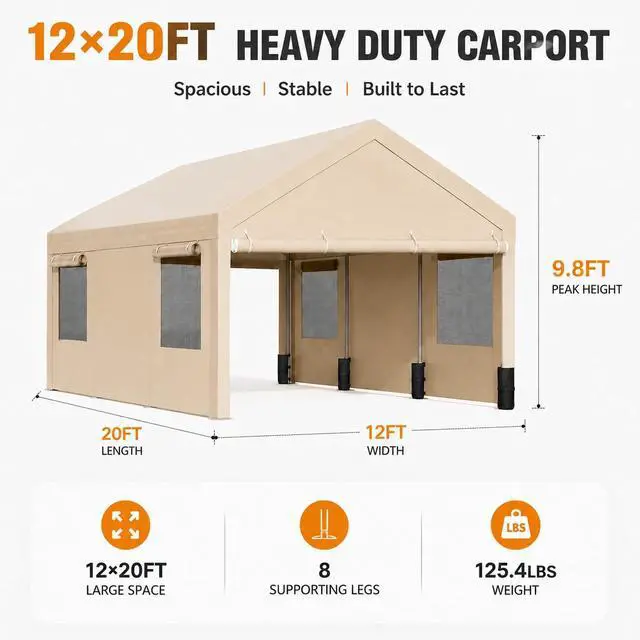 Alt view image 2 of 7 - 12x20 FT Heavy Duty Carport Canopy, All-Weather Vehicle Shelter & Portable Garage Tent for SUV, Truck, Boat - Waterproof Car Canopy with Roll-Up Ventilation Windows & Removable Sidewalls, Khaki