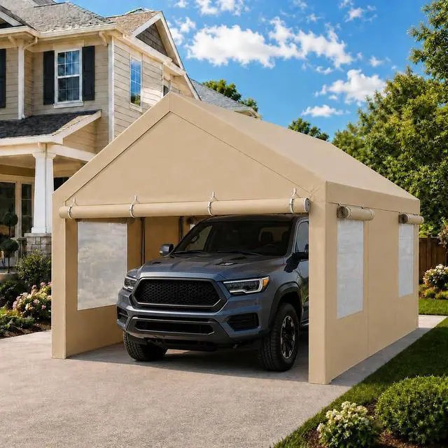 Main image of 12x20 FT Heavy Duty Carport Canopy, All-Weather Vehicle Shelter & Portable Garage Tent for SUV, Truck, Boat - Waterproof Car Canopy with Roll-Up Ventilation Windows & Removable Sidewalls, Khaki