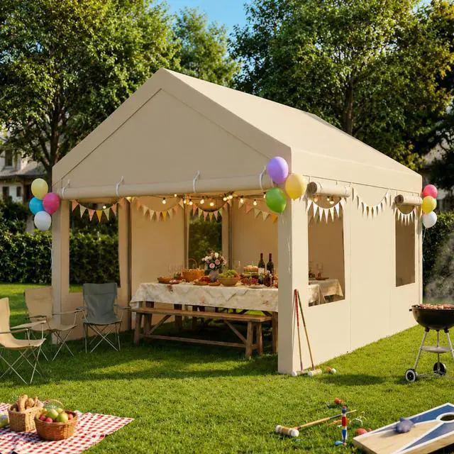 Alt view image 3 of 7 - 12x20 FT Heavy Duty Carport Canopy, All-Weather Vehicle Shelter & Portable Garage Tent for SUV, Truck, Boat - Waterproof Car Canopy with Roll-Up Ventilation Windows & Removable Sidewalls, Khaki