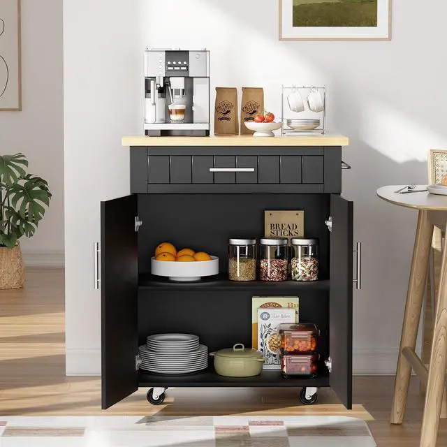 Main image of JY QAQA 26" Kitchen Island Cart on Wheels, Mobile Kitchen Storage Cabinet with Drawer & Shelves, Rolling Bar Cart with Towel Rack, Black