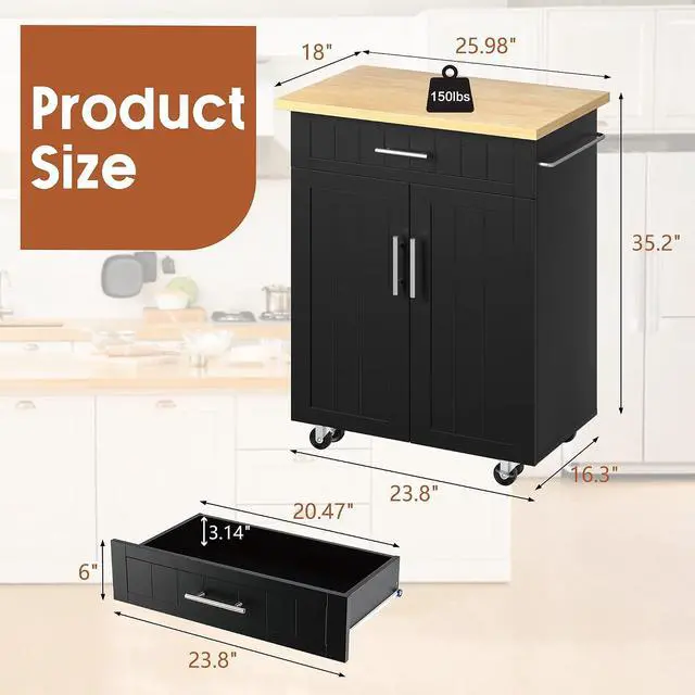 Alt view image 2 of 7 - JY QAQA 26" Kitchen Island Cart on Wheels, Mobile Kitchen Storage Cabinet with Drawer & Shelves, Rolling Bar Cart with Towel Rack, Black