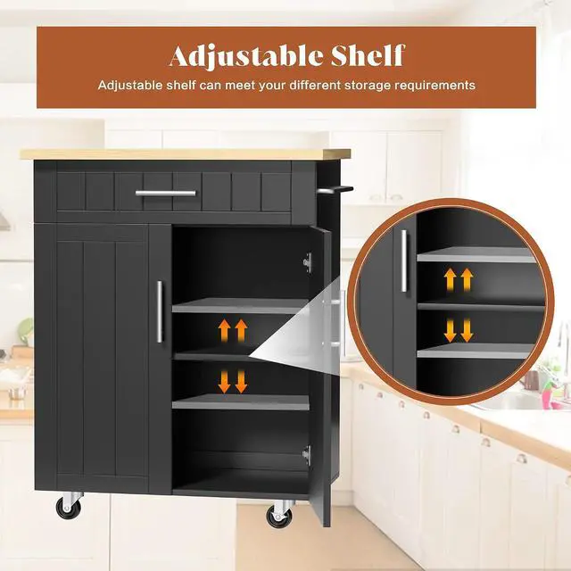 Alt view image 5 of 7 - JY QAQA 26" Kitchen Island Cart on Wheels, Mobile Kitchen Storage Cabinet with Drawer & Shelves, Rolling Bar Cart with Towel Rack, Black