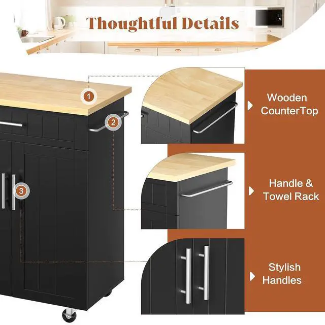 Alt view image 4 of 7 - JY QAQA 26" Kitchen Island Cart on Wheels, Mobile Kitchen Storage Cabinet with Drawer & Shelves, Rolling Bar Cart with Towel Rack, Black