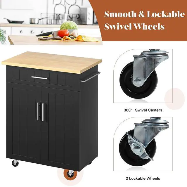 Alt view image 6 of 7 - JY QAQA 26" Kitchen Island Cart on Wheels, Mobile Kitchen Storage Cabinet with Drawer & Shelves, Rolling Bar Cart with Towel Rack, Black