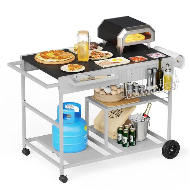 Main image of Pizza Oven Table with Topping Station, Patio Kitchen Island Outdoor Bar Cart, Outdoor Grill Cart with Storage for Blackstone Grill Ooni Pizza Ovens
