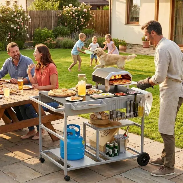 Alt view image 2 of 7 - Pizza Oven Table with Topping Station, Patio Kitchen Island Outdoor Bar Cart, Outdoor Grill Cart with Storage for Blackstone Grill Ooni Pizza Ovens