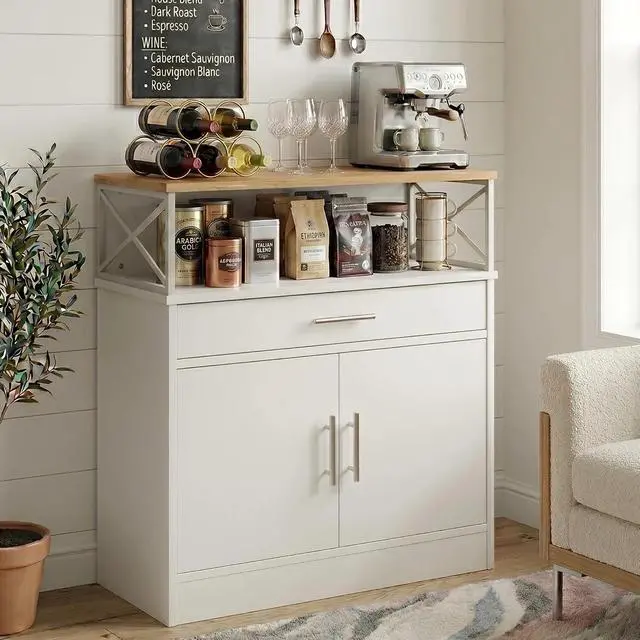 Alt view image 2 of 7 - Coffee Bar Cabinet, Farmhouse Kitchen Storage Cabinet with Adjustable Shelf, 31 Modern Sideboard Buffet Table for Kitchen, Dining Room, White