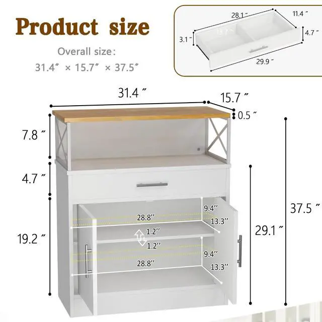 Alt view image 3 of 7 - Coffee Bar Cabinet, Farmhouse Kitchen Storage Cabinet with Adjustable Shelf, 31 Modern Sideboard Buffet Table for Kitchen, Dining Room, White
