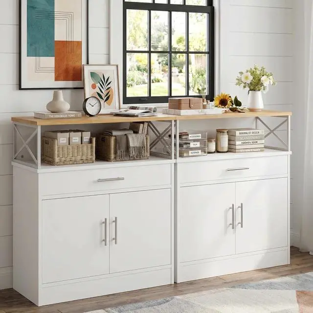 Alt view image 4 of 7 - Coffee Bar Cabinet, Farmhouse Kitchen Storage Cabinet with Adjustable Shelf, 31 Modern Sideboard Buffet Table for Kitchen, Dining Room, White